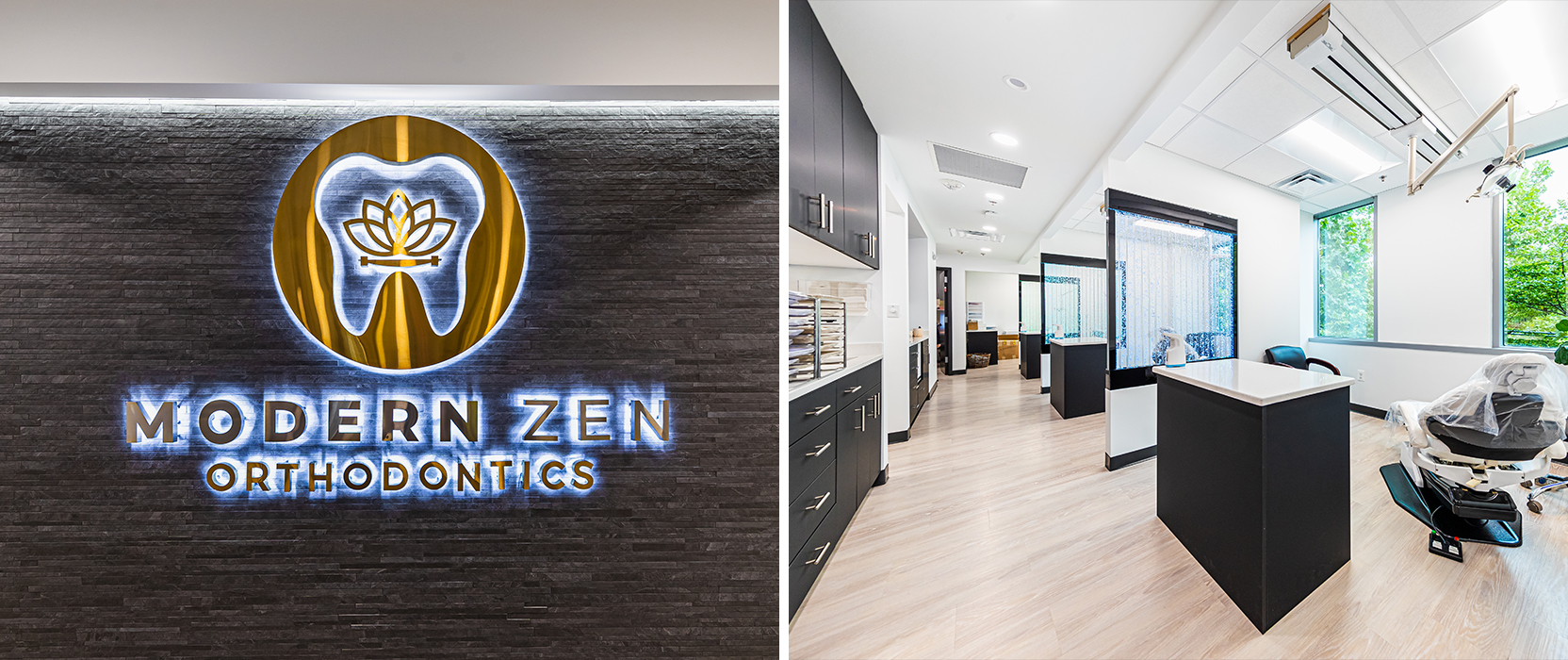 Closeup of backlit logo for Modern Zen Orthodontics and shot of modern patient areas with white walls, black trim and cabinetry and light wood floors.
