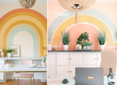 Left image: Cheerful yellow entryway with Icy Lemonade paneling and trim, rustic wooden chair and long table, and blue tile floor. Right image: Bedroom with natural wood furnishings, four poster bed, Dark Night blue walls, Creamy trim and wainscoting, and a light blue ceiling of Tidewater.
