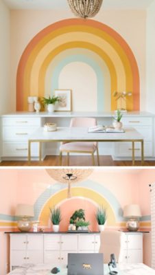 Top image: Cheerful yellow entryway with Icy Lemonade paneling and trim, rustic wooden chair and long table, and blue tile floor. Bottom image: Bedroom with natural wood furnishings, four poster bed, Dark Night blue walls, Creamy trim and wainscoting, and a light blue ceiling of Tidewater.
