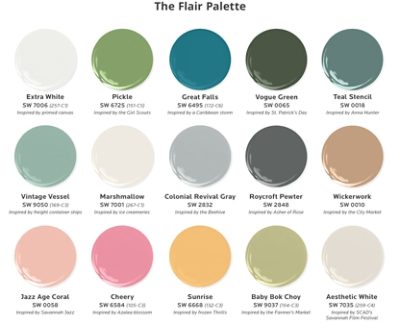 Fifteen paint dollop graphics depicting the colors of the Flair palette from The Colors of Savannah project: Extra White, Pickle, Great Falls, Vogue Green, Teal Stencil, Vintage Vessel, Marshmallow, Colonial Revival Gray, Roycroft Pewter, Wickerwork, Jazz Age Coral, Cheery, Sunrise, Baby Bok Choy, Aesthetic White.