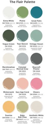 Fifteen paint dollop graphics depicting the colors of the Flair palette from The Colors of Savannah project: Extra White, Pickle, Great Falls, Vogue Green, Teal Stencil, Vintage Vessel, Marshmallow, Colonial Revival Gray, Roycroft Pewter, Wickerwork, Jazz Age Coral, Cheery, Sunrise, Baby Bok Choy, Aesthetic White.