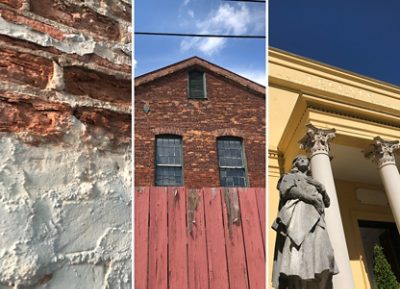 Triptych showing a close-up of a brick wall, a red brick building facade, and a classical building with columns and a statue.