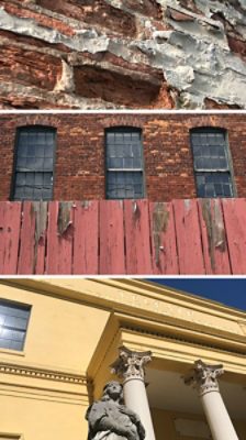Triptych showing a close-up of a brick wall, a red brick building facade, and a classical building with columns and a statue.