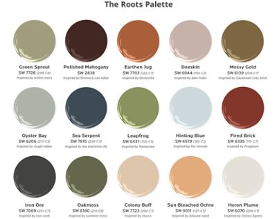 Fifteen paint dollop graphics depicting the colors of the Roots palette from The Colors of Savannah project: Green Sprout, Polished Mahogany, Earthen Jug, Doeskin, Mossy Gold, Oyster Bay, Sea Serpent, Leapfrog, Hinting Blue, Fired Brick, Iron Ore, Oakmoss, Colony Buff, Sun Bleached Ochre, Heron Plume.
