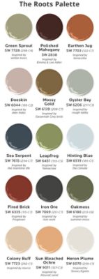 Fifteen paint dollop graphics depicting the colors of the Roots palette from The Colors of Savannah project: Green Sprout, Polished Mahogany, Earthen Jug, Doeskin, Mossy Gold, Oyster Bay, Sea Serpent, Leapfrog, Hinting Blue, Fired Brick, Iron Ore, Oakmoss, Colony Buff, Sun Bleached Ochre, Heron Plume.