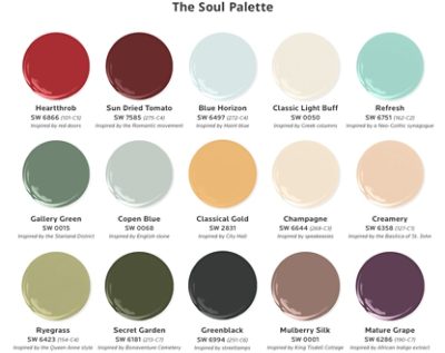 Fifteen paint dollop graphics depicting the colors of the Soul palette from The Colors of Savannah project: Heartthrob, Sun Dried Tomato, Blue Horizon, Classic Light Buff, Refresh, Gallery Green, Copen Blue, Classical Gold, Champagne, Creamery, Ryegrass, Secret Garden, Greenblack, Mulberry Silk, Mature Grape.