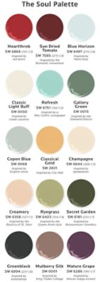 Fifteen paint dollop graphics depicting the colors of the Soul palette from The Colors of Savannah project: Heartthrob, Sun Dried Tomato, Blue Horizon, Classic Light Buff, Refresh, Gallery Green, Copen Blue, Classical Gold, Champagne, Creamery, Ryegrass, Secret Garden, Greenblack, Mulberry Silk, Mature Grape.