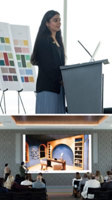 A woman presents at a podium with a color swatch board behind her, alongside an audience viewing a large screen in a conference room.