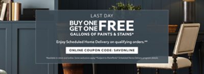 Last Day. Buy One Get One FREE Gallons of Paints & Stains. Enjoy Scheduled Home Delivery on Qualifying Orders. Online Coupon Code: SAVONLINE. *Available in-store and online. Some exclusions apply. **Subject to PaintPerks® Scheduled Home Delivery program details.