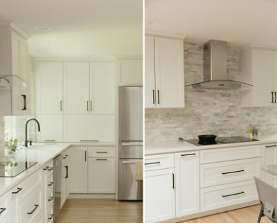 A modern kitchen with Cotton white cabinets, black hardware, light wood floors, stainless steel appliances, and variegated gray tile backsplash. 