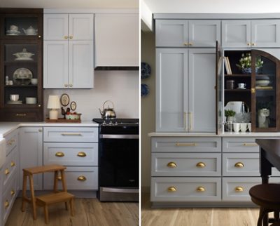 A split image of two views of a kitchen with Upward-painted cabinets and gold hardware, featuring decorative items, dark wood accent cabinets, and a hardwood floor. 