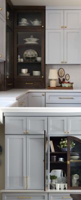 A split image of two views of a kitchen with Upward-painted cabinets and gold hardware, featuring decorative items, dark wood accent cabinets, and a hardwood floor. 