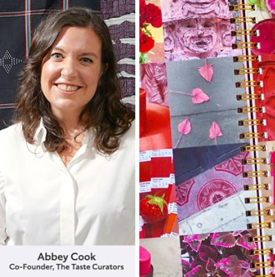 Abbey Cook wearing a white blouse and smiling in front of textile patterns beside a collage of red and pink images in a notebook. 