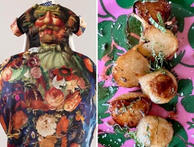 Split image with a vibrant floral and vegetable garment, and a dish on a pink and green leaf-patterned plate.