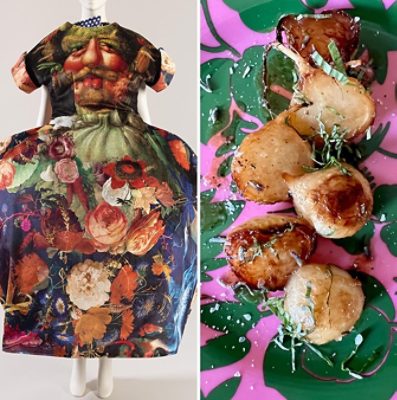 Split image with a vibrant floral and vegetable garment, and a dish on a pink and green leaf-patterned plate.