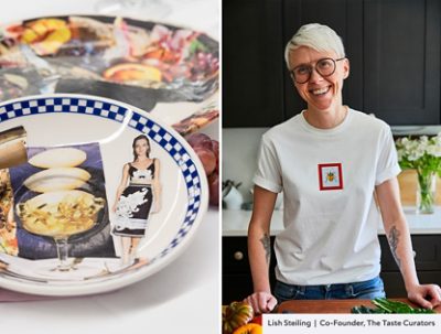 Split image featuring a plate with collaged images and Lish Steiling smiling in a kitchen.