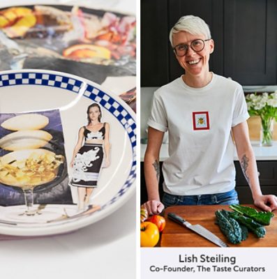 Split image featuring a plate with collaged images and Lish Steiling smiling in a kitchen.