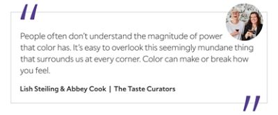 Graphic featuring the quote “People often don’t understand the magnitude of power that color has. It’s easy to overlook this seemingly mundane thing that surrounds us at every corner. Color can make or break how you feel,” by Lish Steiling & Abbey Cook, The Taste Curators.&nbsp; 