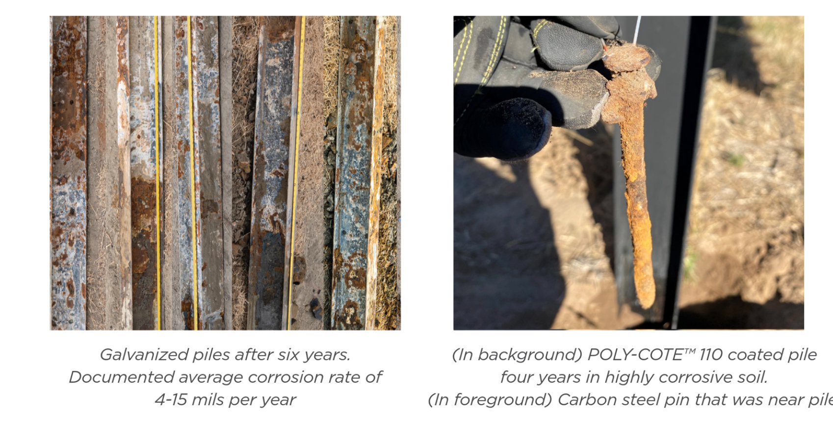 Field comparison showing corrosion on a galvanized pile and intact Poly-Cote 110 coating on a pile in corrosive soil.