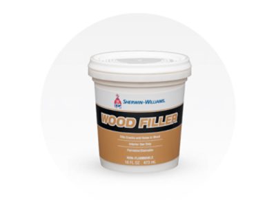 Container of Sherwin-Williams Wood Filler.