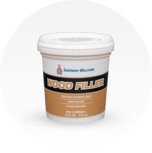 Container of Sherwin-Williams Wood Filler.