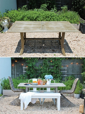 A before and after of an exterior table being painted and decorated.
