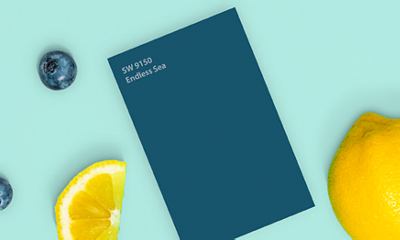 A Sherwin-Williams Color Chip for Endless Sea SW 9150 on a blue background with lemons and blueberries nearby.