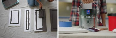Left image is kitchen cabinets being painted, right image of paint brushes, tape, and can.