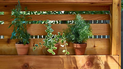 A new wooden floating planter wall with pots of plants.