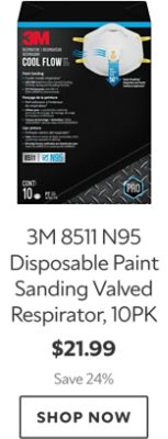 3M 8511 N95 Disposable Paint Sanding Valved Respirator, 10PK. $21.99. Save 24%. Shop now.