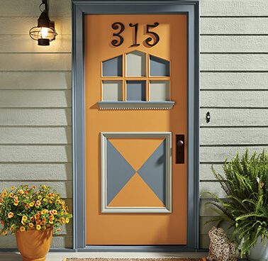 An abstract orange and blue painted door.