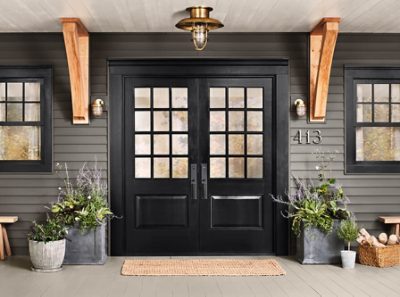 A set of dark wood double doors.