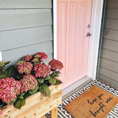 A pink exterior front door. S-W featured color: SW 6604 Youthful Coral. Photo credit @sorenbelling.