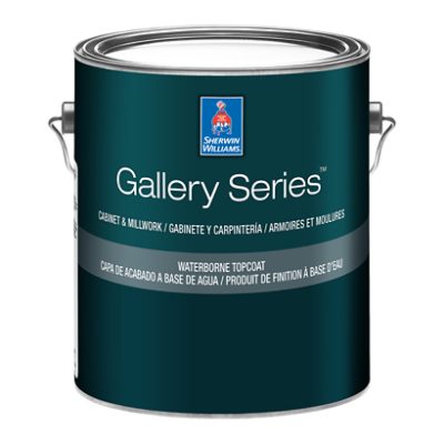 A can of Sherwin-Williams Gallery Series Waterborne Topcoat.