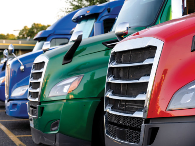 colorful heavy-duty trucks lined up side by side, showcasing industrial vehicle paint finishes