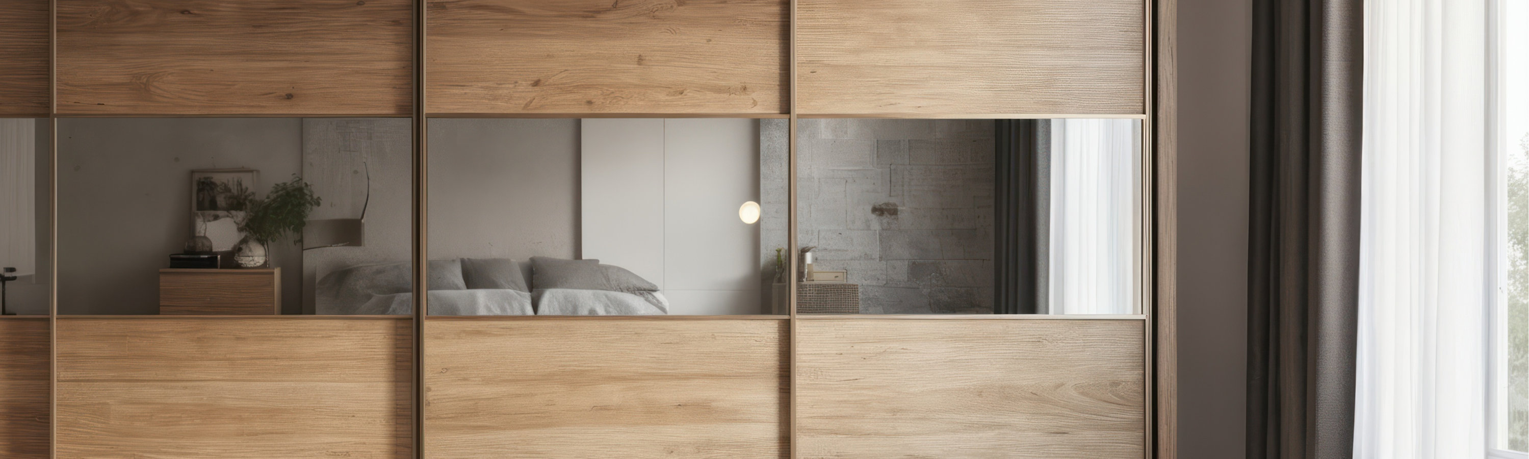 Camera da letto con ampio armadio scorrevole con finitura in legno naturale, pannelli rivestiti in lamina e sezioni a specchio, che mostra i rivestimenti in legno per applicazioni in lamina.