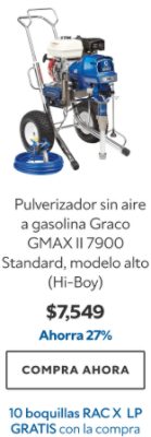 Pulverizador sin aire a gasolina Graco GMAX II 7900 Standard, modelo alto (Hi-Boy). $7549. Ahorra 27%. Compra ahora. 10 boquillas RAC X LP gratis con la compra.