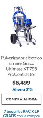 Pulverizador eléctrico sin aire Graco Ultimate XT 795 ProContractor. $6499. Ahorra 31%. Compra ahora. 7 boquillas RAC X LP gratis con la compra.
