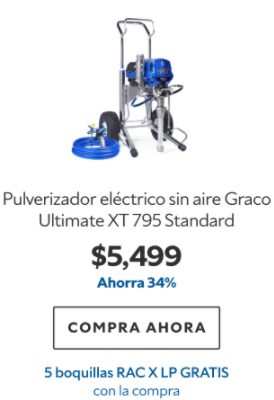 Pulverizador eléctrico sin aire Graco Ultimate XT 795 Standard. $5499. Ahorra 34%. Compra ahora. 5 boquillas RAC X LP gratis con la compra.