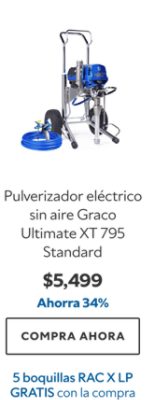 Pulverizador eléctrico sin aire Graco Ultimate XT 795 Standard. $5499. Ahorra 34%. Compra ahora. 5 boquillas RAC X LP gratis con la compra.