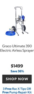 Graco Ultimate 390 Electric Airless Sprayer. $1499. Save 36%. Shop now. 3 Free Rac X tips or free pump repair kit.