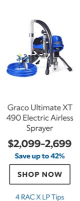 Graco Ultimate XT 490 Electric Airless Sprayer, $2099–2699, save up to 42%, 4 RAC X LP Tips.