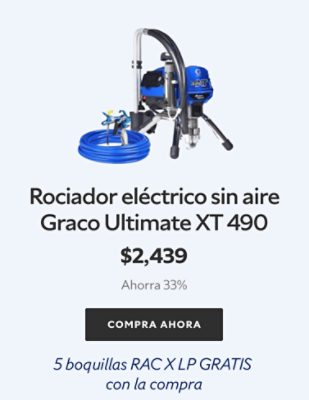 Rociador eléctrico sin aire Graco Ultimate XT 490. $2,439 Ahorra 33%. Compra Ahora. 5 boquillas RAC X LP GRATIS con la compra.