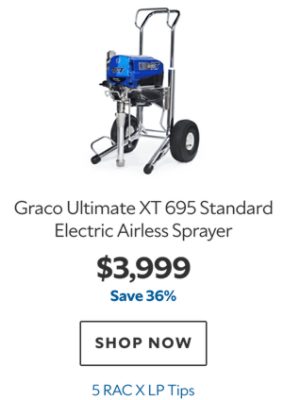 Graco Ultimate XT 695 Standard Electric Airless Sprayer, $3999, save 36%, 5 RAC X LP Tips.