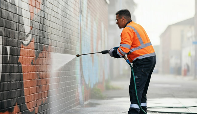 Graffiti being powerwashed off wall