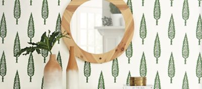 A closeup view of a wall with small evergreen tree design wallpaper 