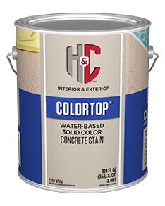 A cannister of H and C Colortop Concrete Stain.