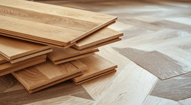 Stack of engineered wood flooring planks, highlighting material structure, surface finish, and installation readiness.