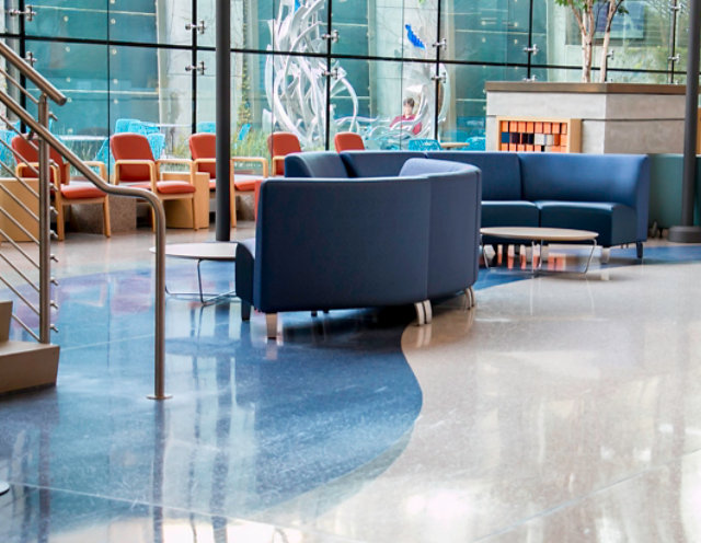 Decorative Resinous flooging in a hospital lobby.