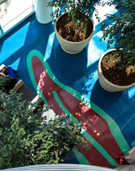 Colorful terrazzo floor in hospital lobby